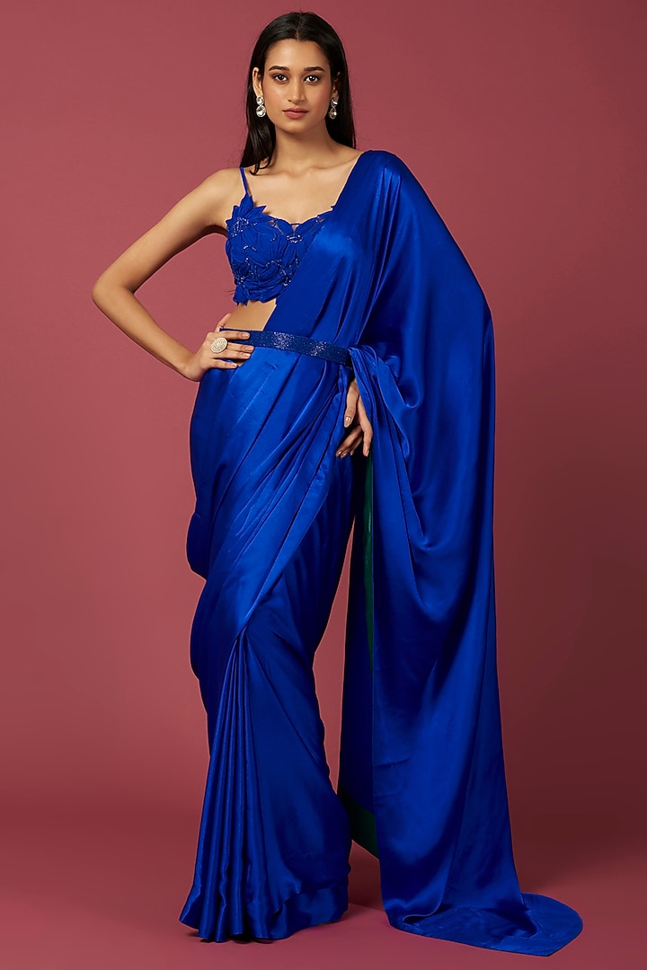 Royal Blue Pure Satin Saree Set by Amrita Thakur