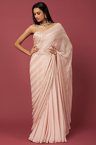 Pale Pink Draped Saree Set by Amrita Thakur
