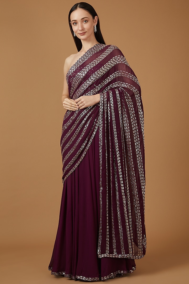 Wine Georgette Sequins Embroidered Pre-Stitched Saree Set  by Amrita Thakur