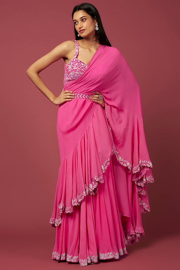 Pink Embroidered Saree Set by Amrita Thakur