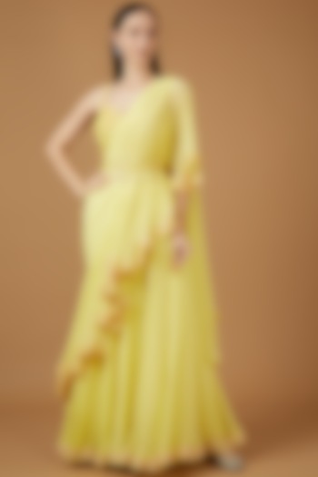 Yellow Georgette Pre-Stitched Saree Set by Amrita Thakur