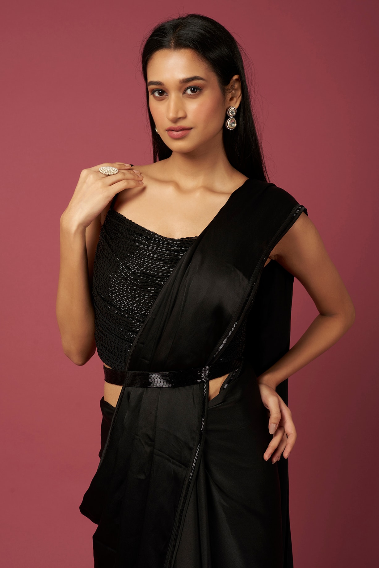 Black Pure Satin Saree Set With Belt Design by Jigar Mali at Pernia's Pop  Up Shop 2024