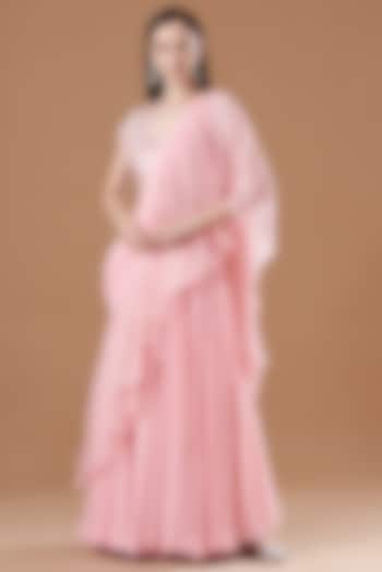 Pink Georgette Ruffled Saree Set by Amrita Thakur