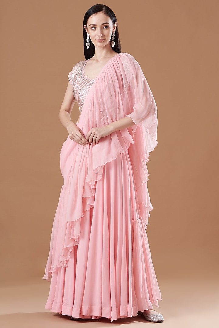 Pink Georgette Ruffled Saree Set by Amrita Thakur