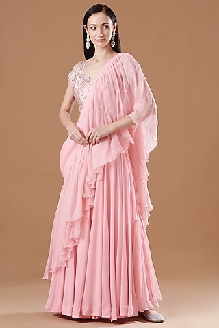 Pink Georgette Ruffled Saree Set by Amrita Thakur