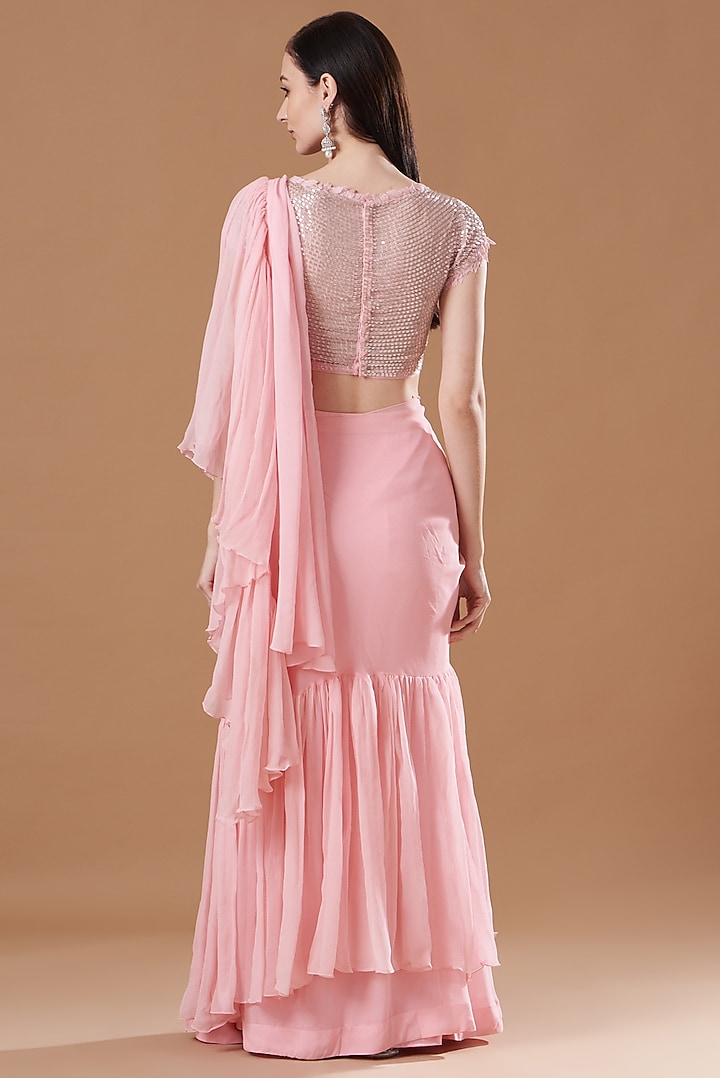 Pink Georgette Ruffled Wedding Saree Set by Amrita Thakur at Pernia's Pop Up Shop