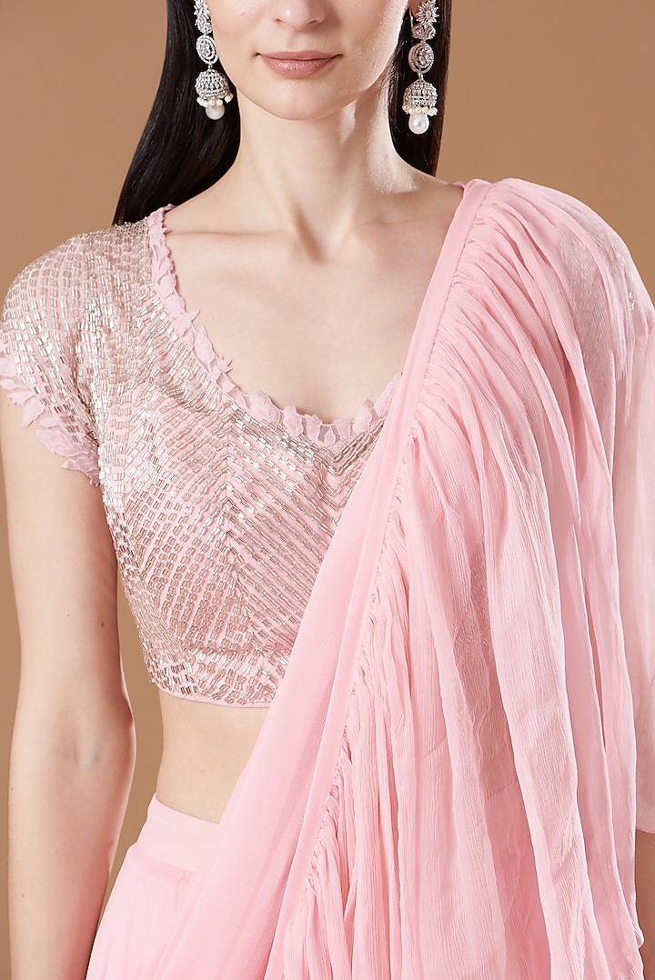 Pink Georgette Ruffled Wedding Saree Set by Amrita Thakur at Pernia's Pop Up Shop