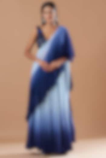 Midnight Blue Georgette Pre-Stitched Ruffled Saree Set by Amrita Thakur