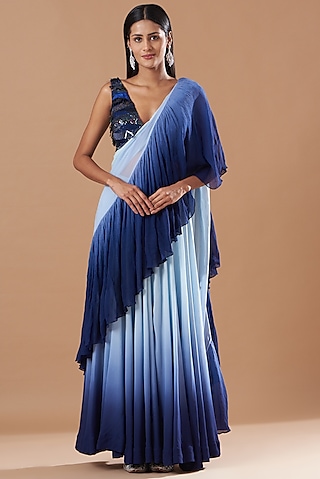 Midnight Blue Georgette Pre-Stitched Ruffled Saree Set by Amrita Thakur