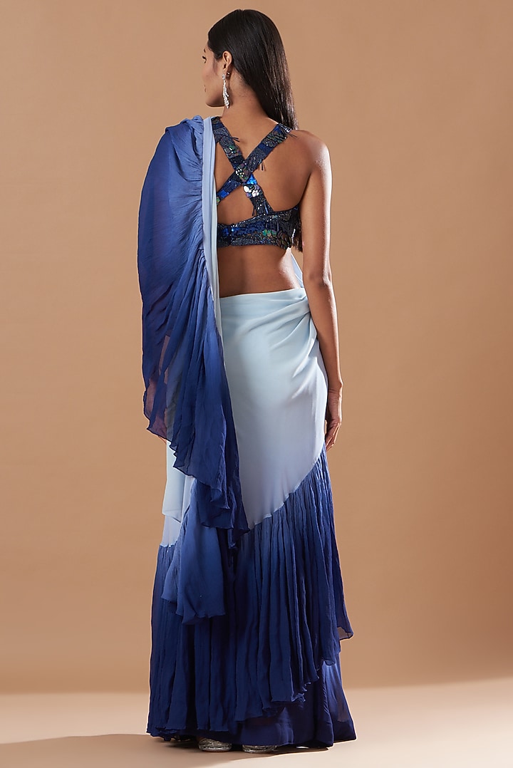 Midnight Blue Georgette Pre-Stitched Ruffled Wedding Saree Set by Amrita Thakur at Pernia's Pop Up Shop