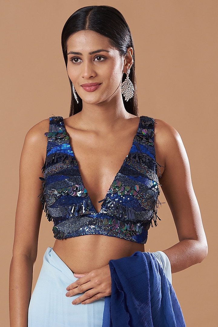 Midnight Blue Georgette Pre-Stitched Ruffled Wedding Saree Set by Amrita Thakur at Pernia's Pop Up Shop
