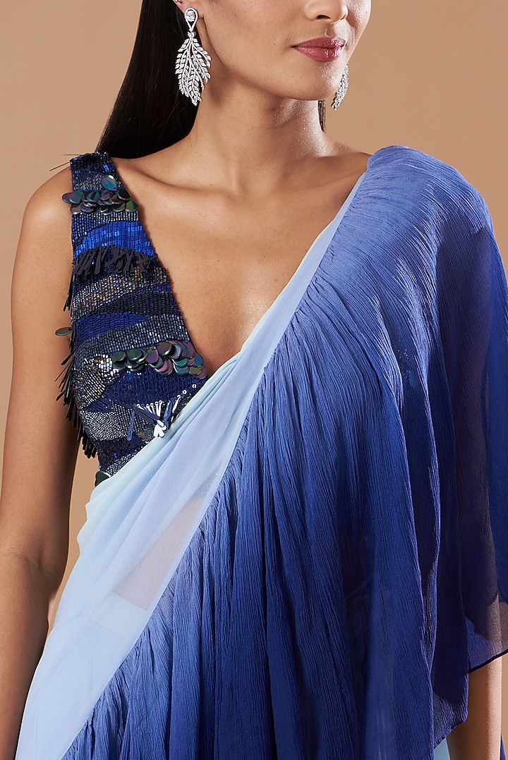 Midnight Blue Georgette Pre-Stitched Ruffled Wedding Saree Set by Amrita Thakur at Pernia's Pop Up Shop
