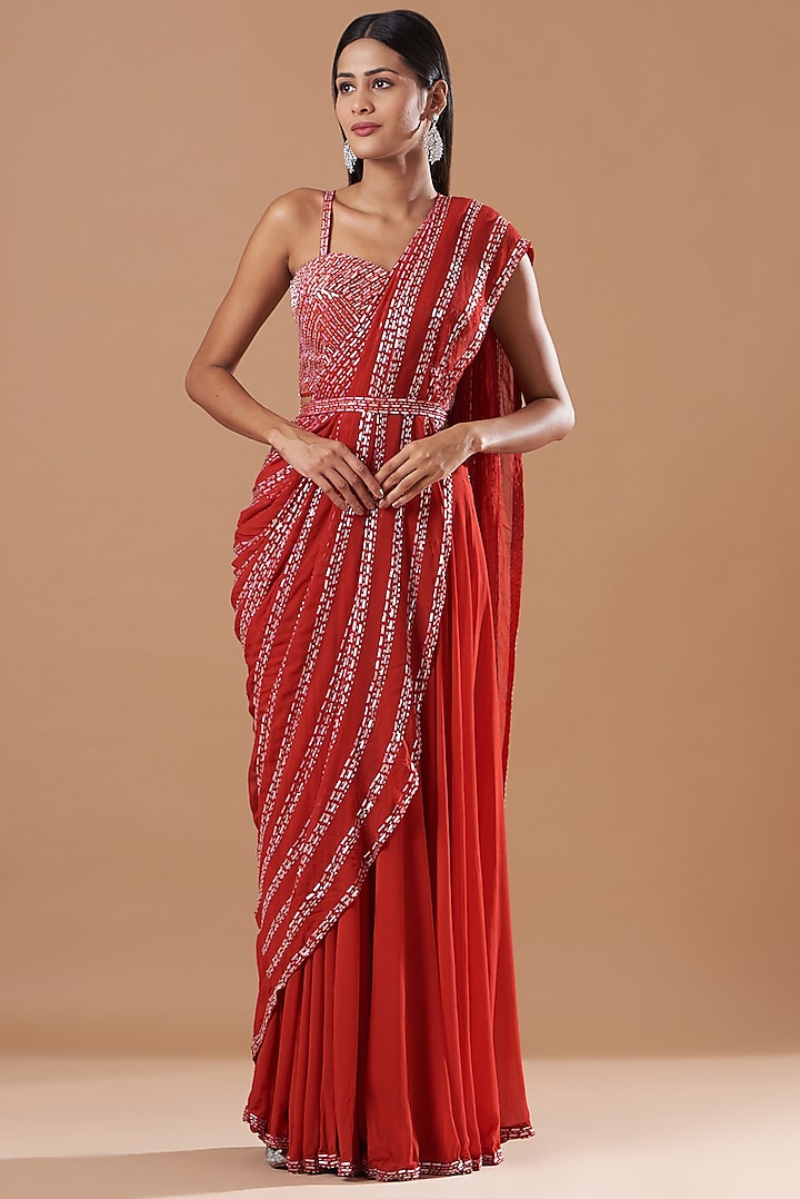 Red Georgette Pre-Stitched Saree Set by Amrita Thakur at Pernia's Pop Up Shop