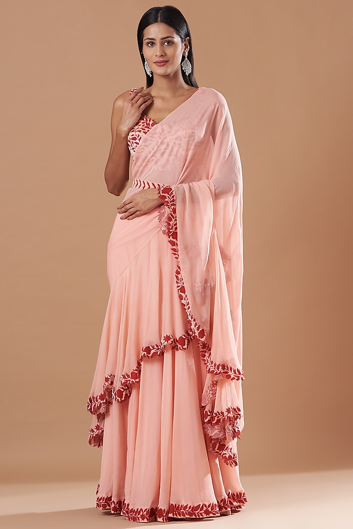 Pink Georgette Applique Embroidered Draped Saree Set by Amrita Thakur