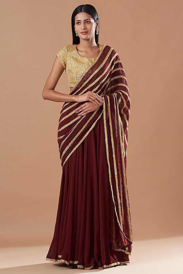 Maroon Georgette Pre-Stitched Saree Set by Amrita Thakur