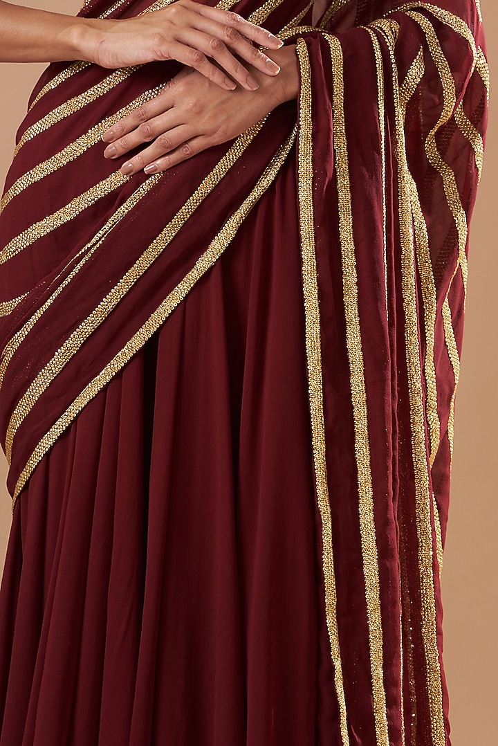 Maroon Georgette Pre-Stitched Reception Saree Set by Amrita Thakur at Pernia's Pop Up Shop
