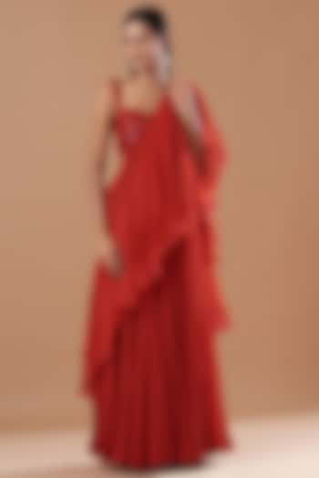 Red Georgette Ruffled Saree Set by Amrita Thakur
