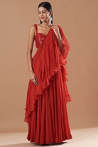 Red Georgette Ruffled Saree Set by Amrita Thakur