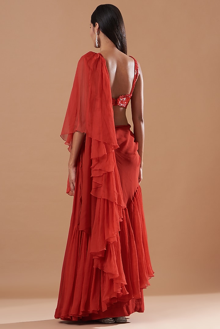 Red Georgette Ruffled Wedding Saree Set by Amrita Thakur at Pernia's Pop Up Shop