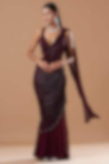 Wine Georgette Draped Saree Set by Amrita Thakur at Pernia's Pop Up Shop