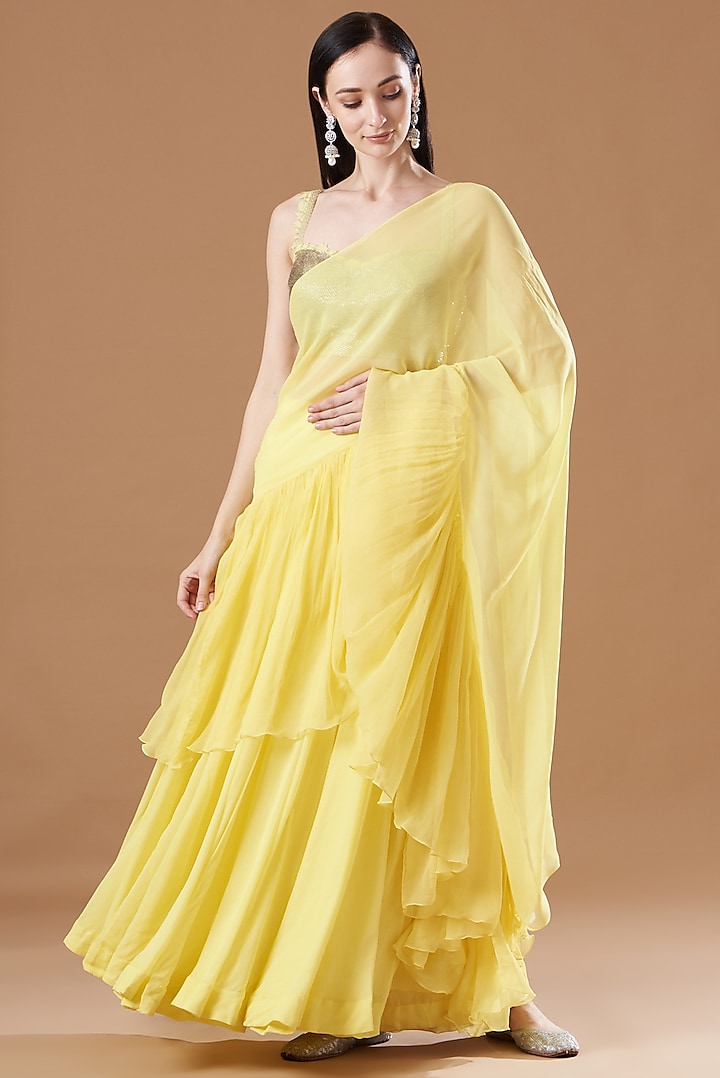 Yellow Georgette Pre-Stitched Saree by Amrita Thakur