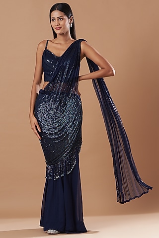 Midnight Blue Georgette Drape Saree Set by Amrita Thakur
