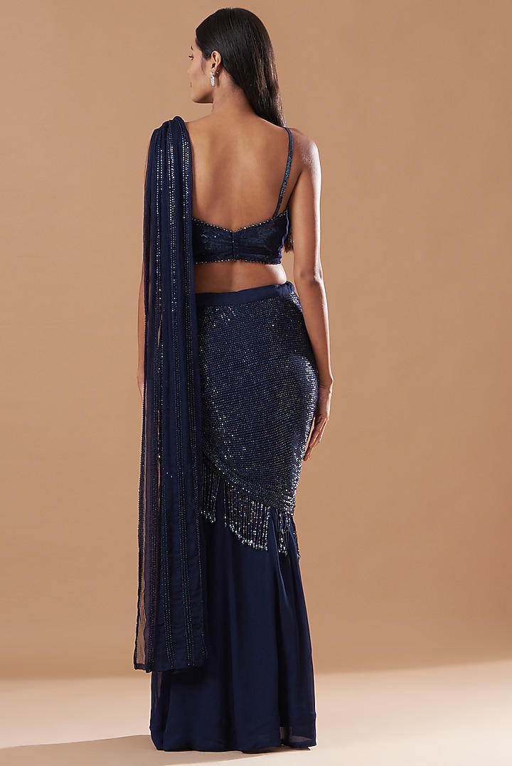 Midnight Blue Georgette Drape Reception Saree Set by Amrita Thakur at Pernia's Pop Up Shop