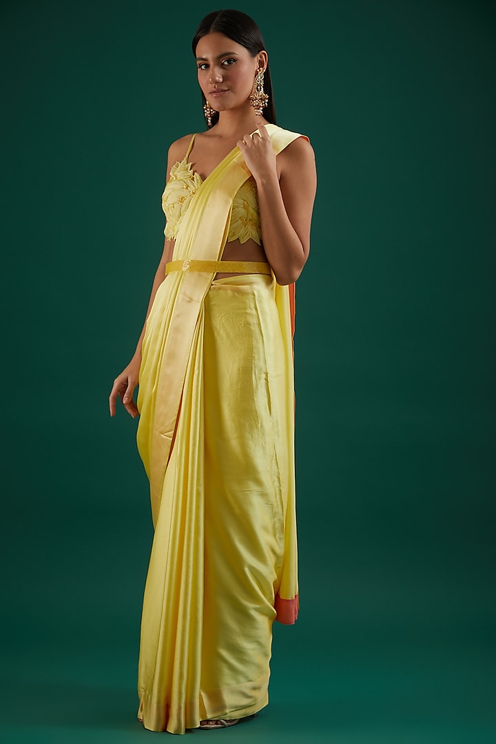 Yellow Pure Satin Saree Set by Amrita Thakur