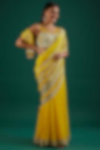 Yellow Embroidered Draped Saree Set by Amrita Thakur