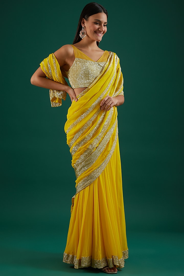 Yellow Embroidered Draped Saree Set by Amrita Thakur