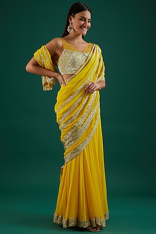 Yellow Embroidered Draped Saree Set by Amrita Thakur