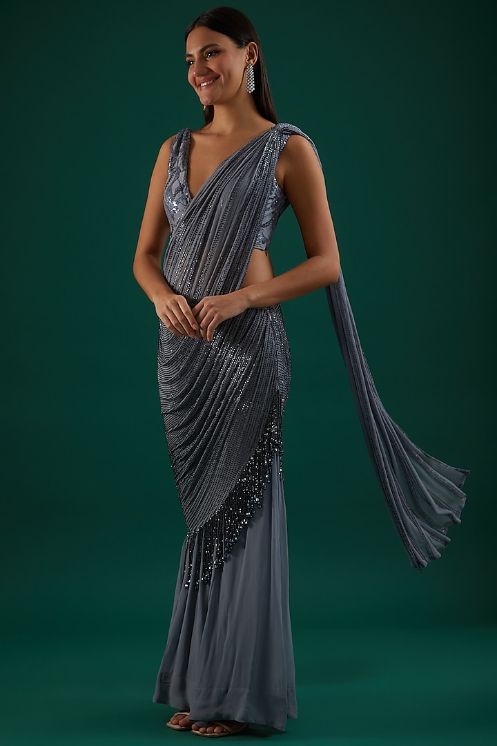 Grey Georgette Sequins Embroidered Draped Saree Set by Amrita Thakur