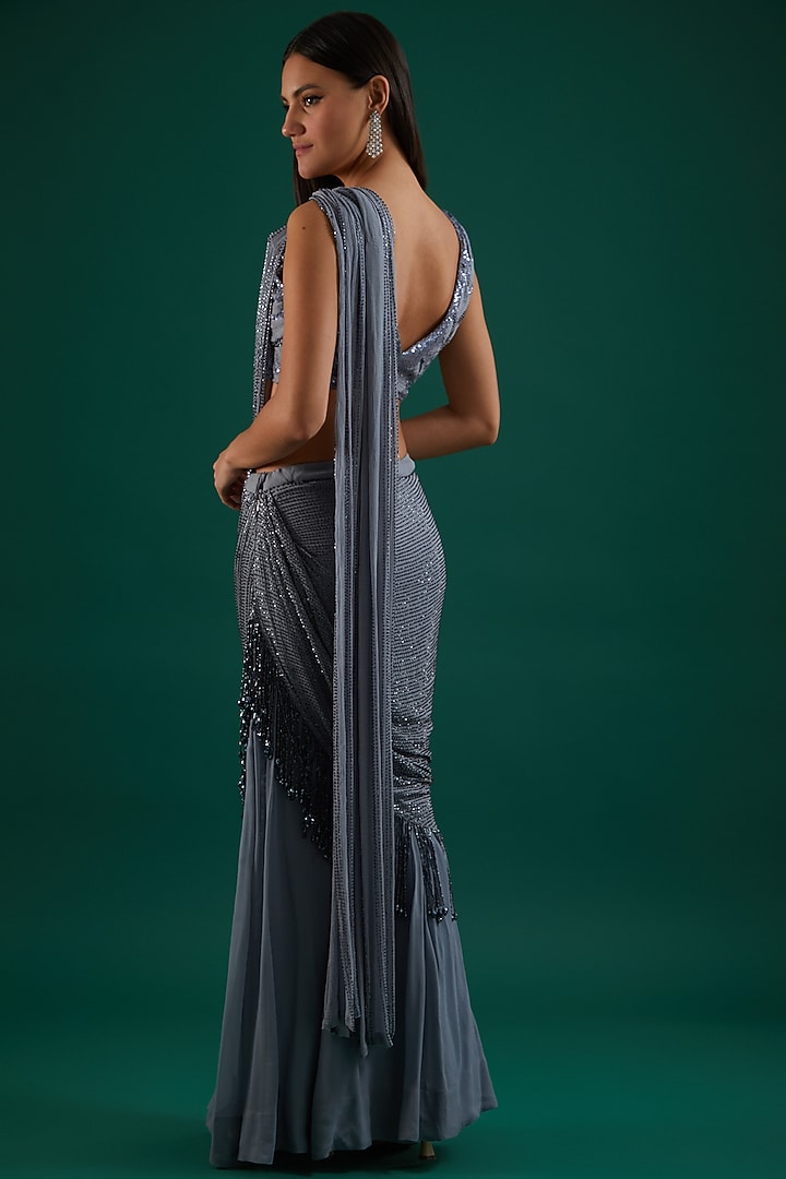 Grey Georgette Sequins Embroidered Draped Wedding Saree Set by Amrita Thakur at Pernia's Pop Up Shop