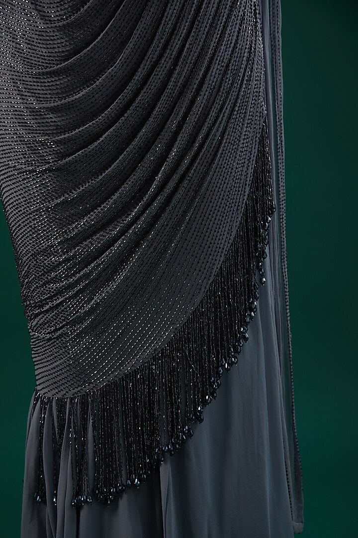 Grey Georgette Sequins Embroidered Draped Wedding Saree Set by Amrita Thakur at Pernia's Pop Up Shop
