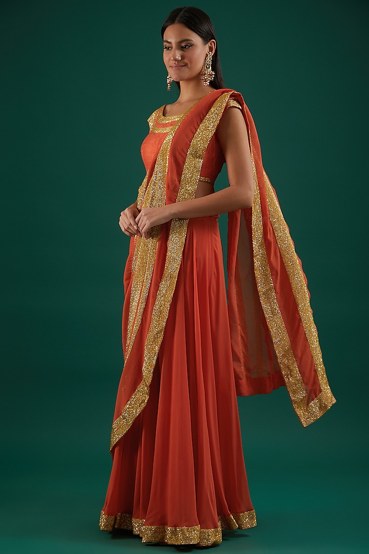 Orange Embroidered Draped Saree Set by Amrita Thakur