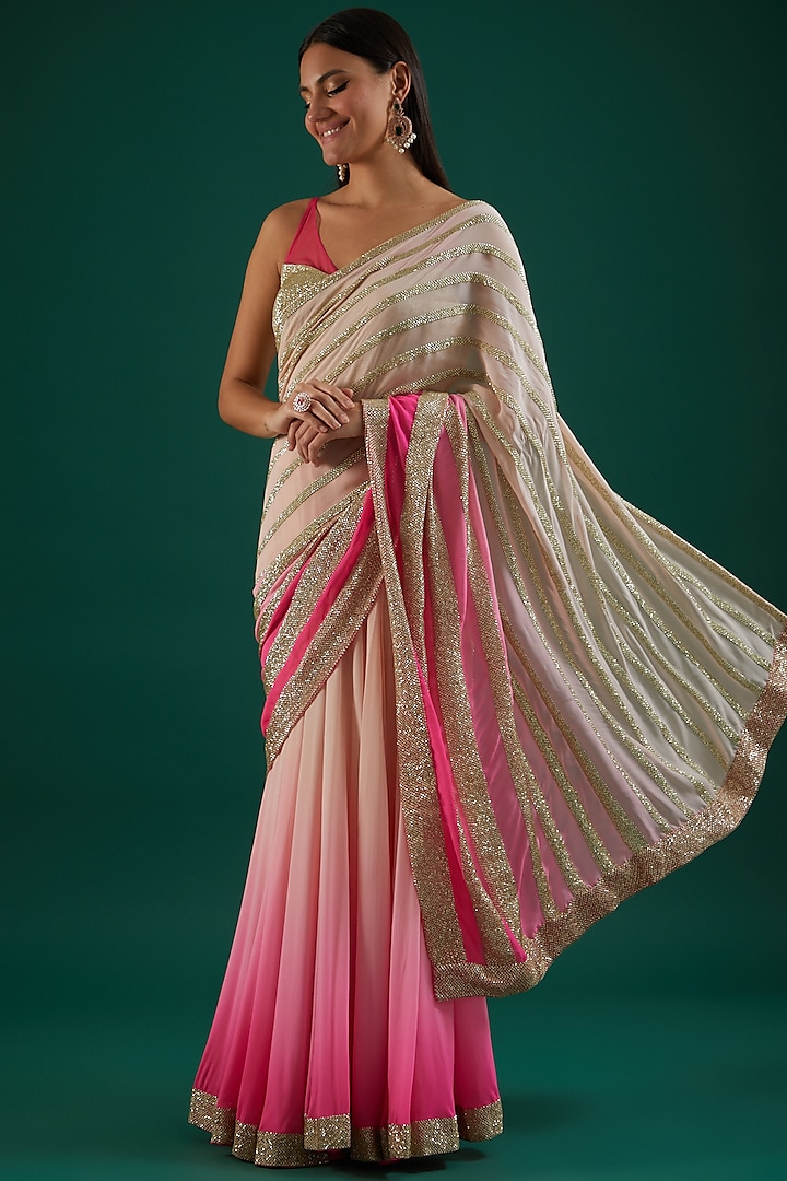 Pink Embroidered Draped Saree Set by Amrita Thakur