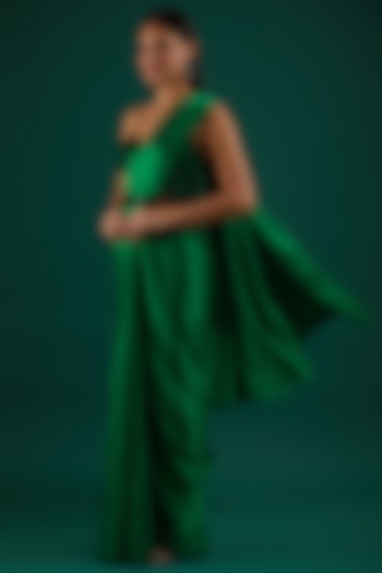 Green Satin Draped Saree Set by Amrita Thakur