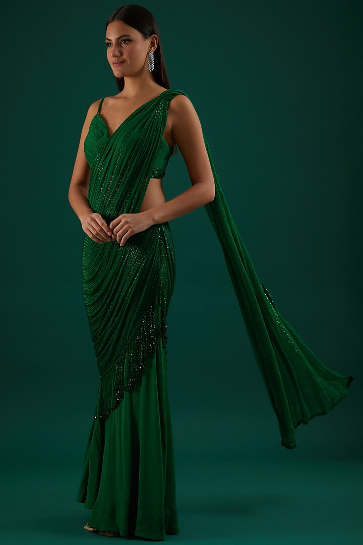 Emerald Green Embroidered Draped Saree Set by Amrita Thakur
