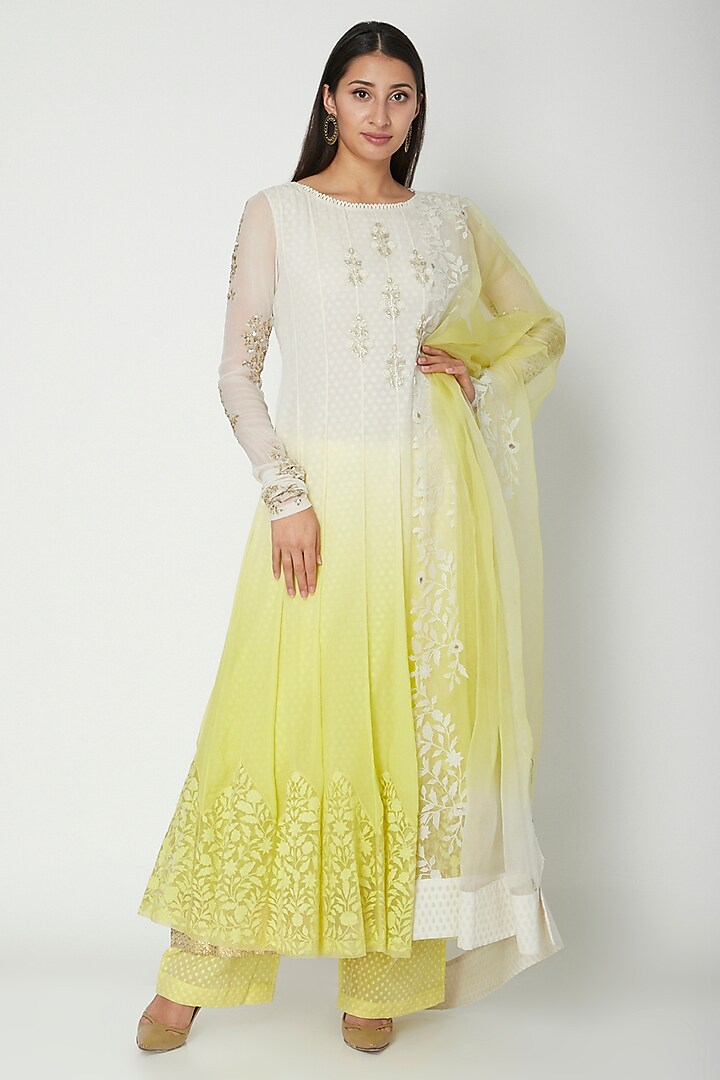White To Yellow Ombre Embroidered Anarkali Set by Amrita Thakur