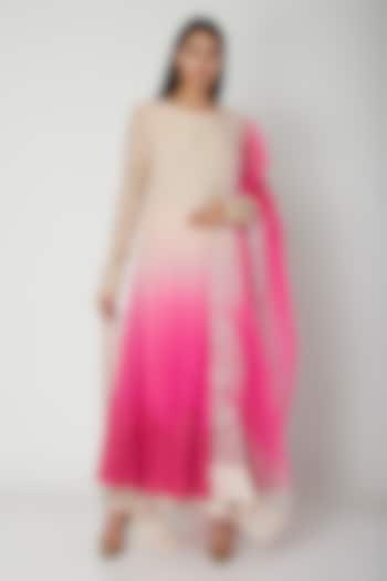 White To Pink Ombre Embroidered Anarkali Set by Amrita Thakur