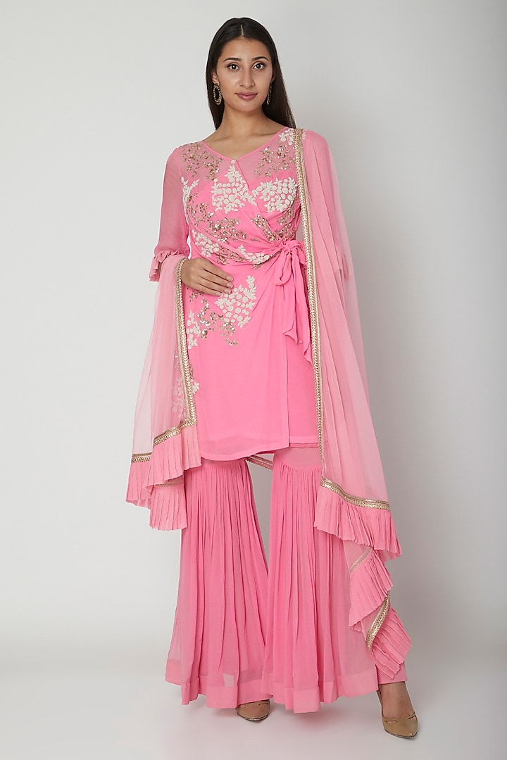 Pink Chiffon Gharara Set by Amrita Thakur