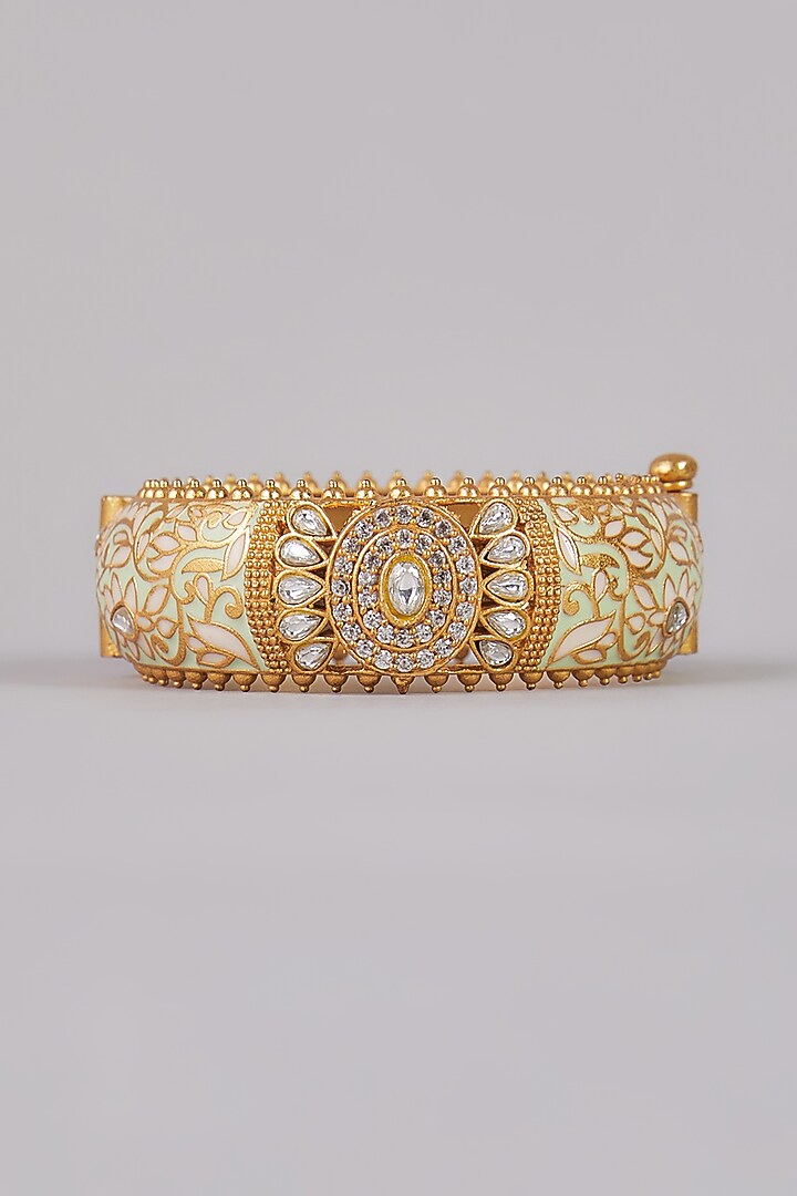 Gold Finish Kundan Polki Enamelled Bangle In Sterling Silver by AMETHYST at Pernia's Pop Up Shop