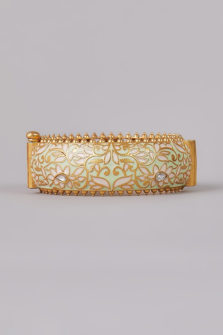 Gold Finish Kundan Polki Enamelled Bangle In Sterling Silver by AMETHYST at Pernia's Pop Up Shop