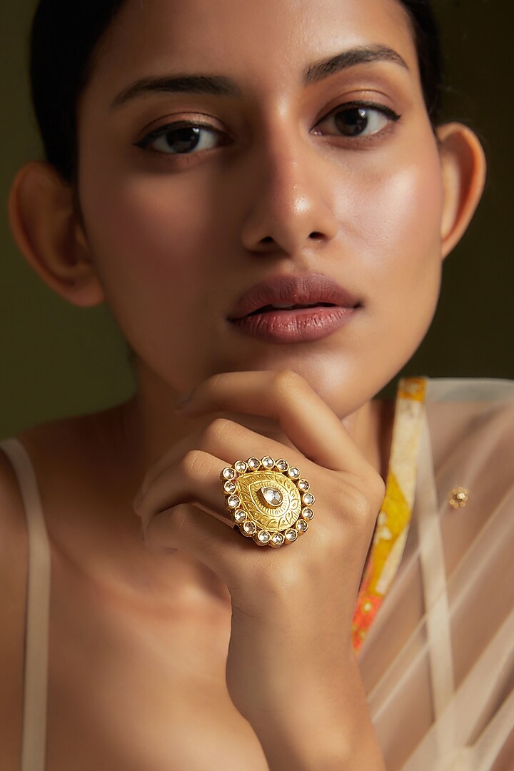 Gold Finish Kundan Polki Ring In Sterling Silver by AMETHYST at Pernia's Pop Up Shop