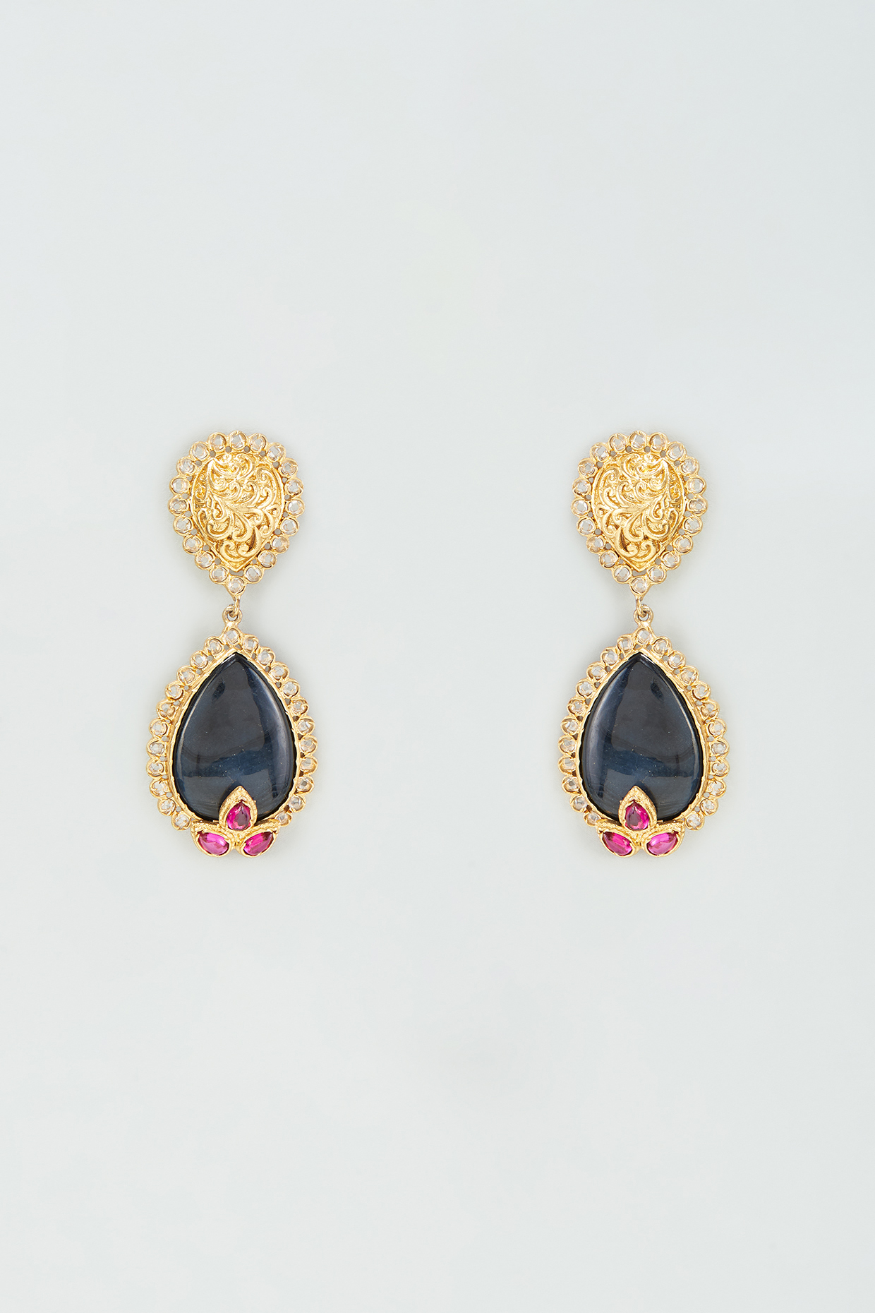 Gold Finish Pink & Black Onyx Dangler Earrings In Sterling Silver by AMETHYST