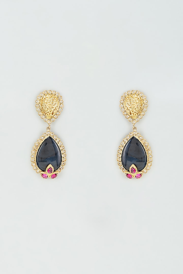 Gold Finish Pink & Black Onyx Dangler Earrings In Sterling Silver by AMETHYST