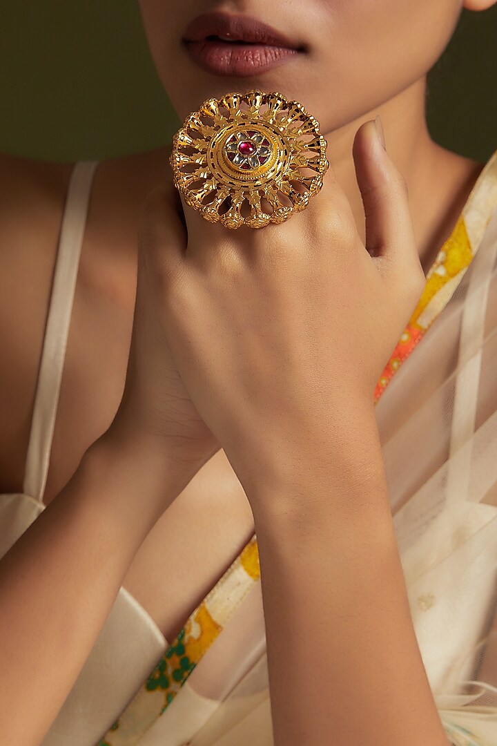 Gold Finish Kundan Polki & Pink Onyx Ring In Sterling Silver by AMETHYST
