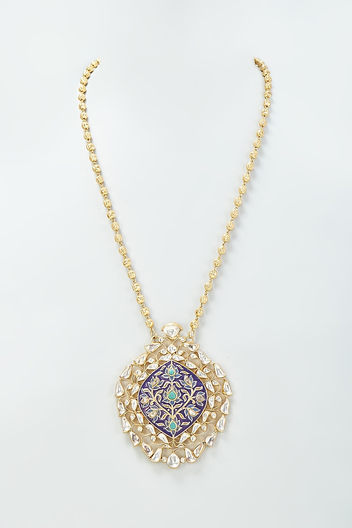 Gold Finish Kundan Polki & Green Onyx Enamelled Necklace Set In Sterling Silver by AMETHYST at Pernia's Pop Up Shop