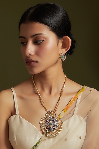 Gold Finish Kundan Polki & Green Onyx Enamelled Necklace Set In Sterling Silver by AMETHYST