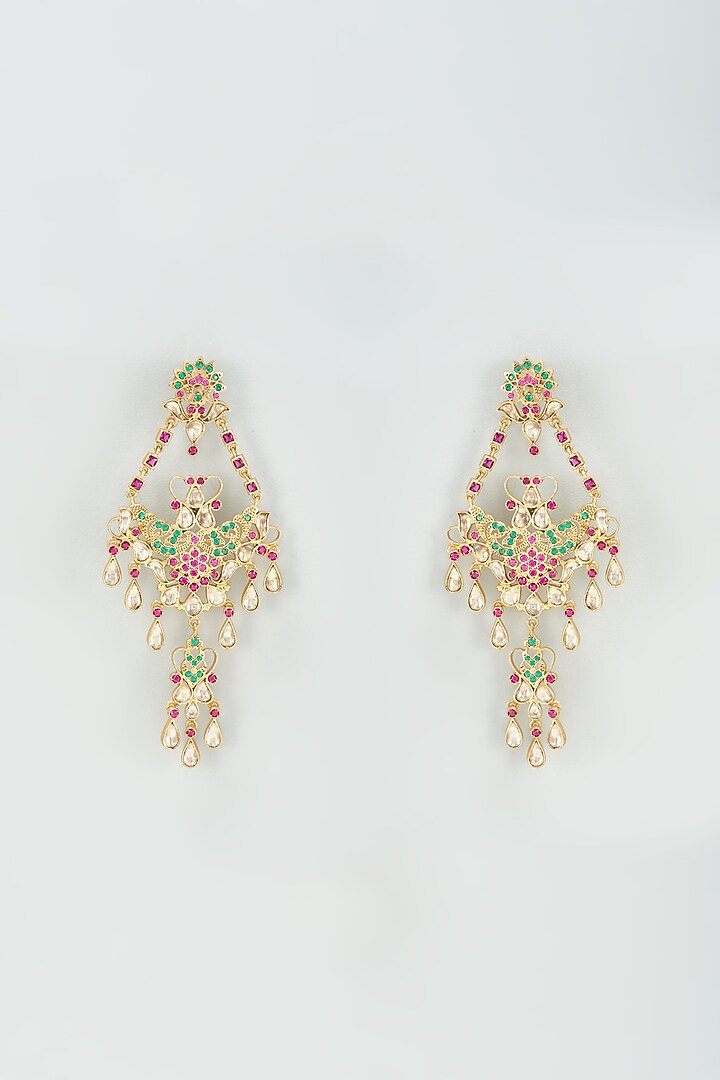 Gold Finish Kundan Polki & Zirconia Dangler Earrings In Sterling Silver by AMETHYST at Pernia's Pop Up Shop
